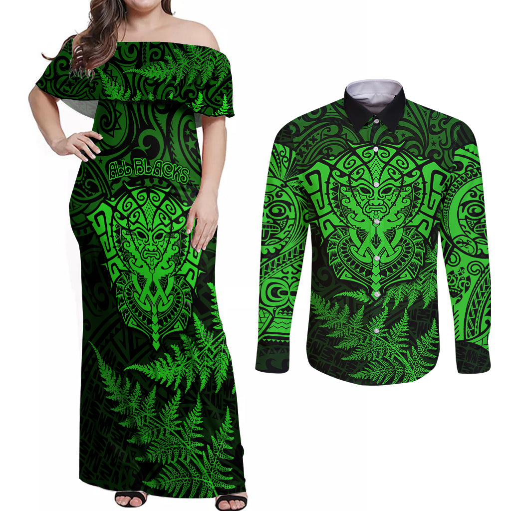 New Zealand Rugby Couples Matching Off Shoulder Maxi Dress and Long Sleeve Button Shirts Silver Fern All Black Mix Ta Moko Green Style LT9 - Wonder Print Shop