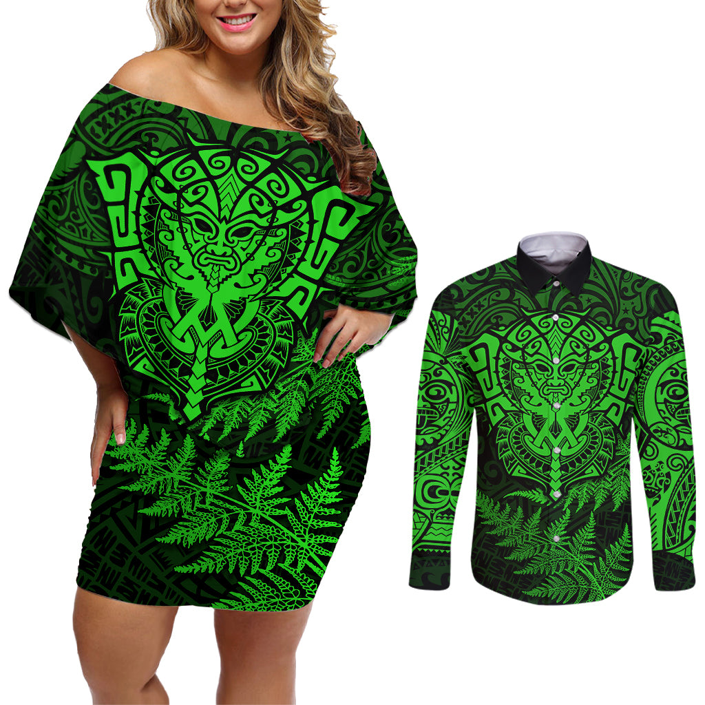 New Zealand Rugby Couples Matching Off Shoulder Short Dress and Long Sleeve Button Shirts Silver Fern All Black Mix Ta Moko Green Style LT9 - Wonder Print Shop