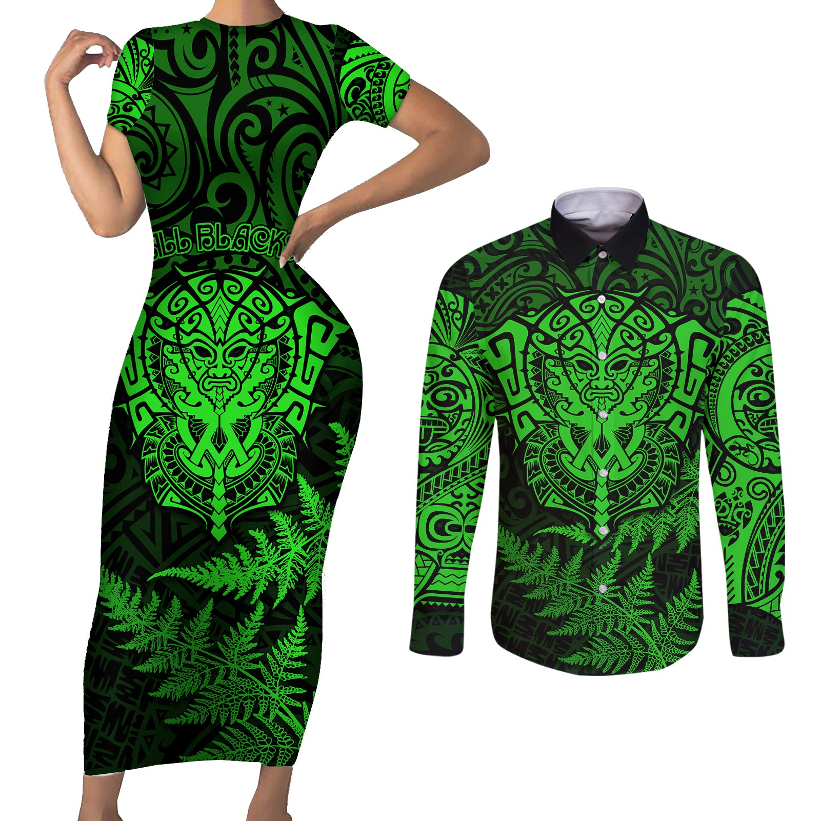 New Zealand Rugby Couples Matching Short Sleeve Bodycon Dress and Long Sleeve Button Shirts Silver Fern All Black Mix Ta Moko Green Style LT9 - Wonder Print Shop