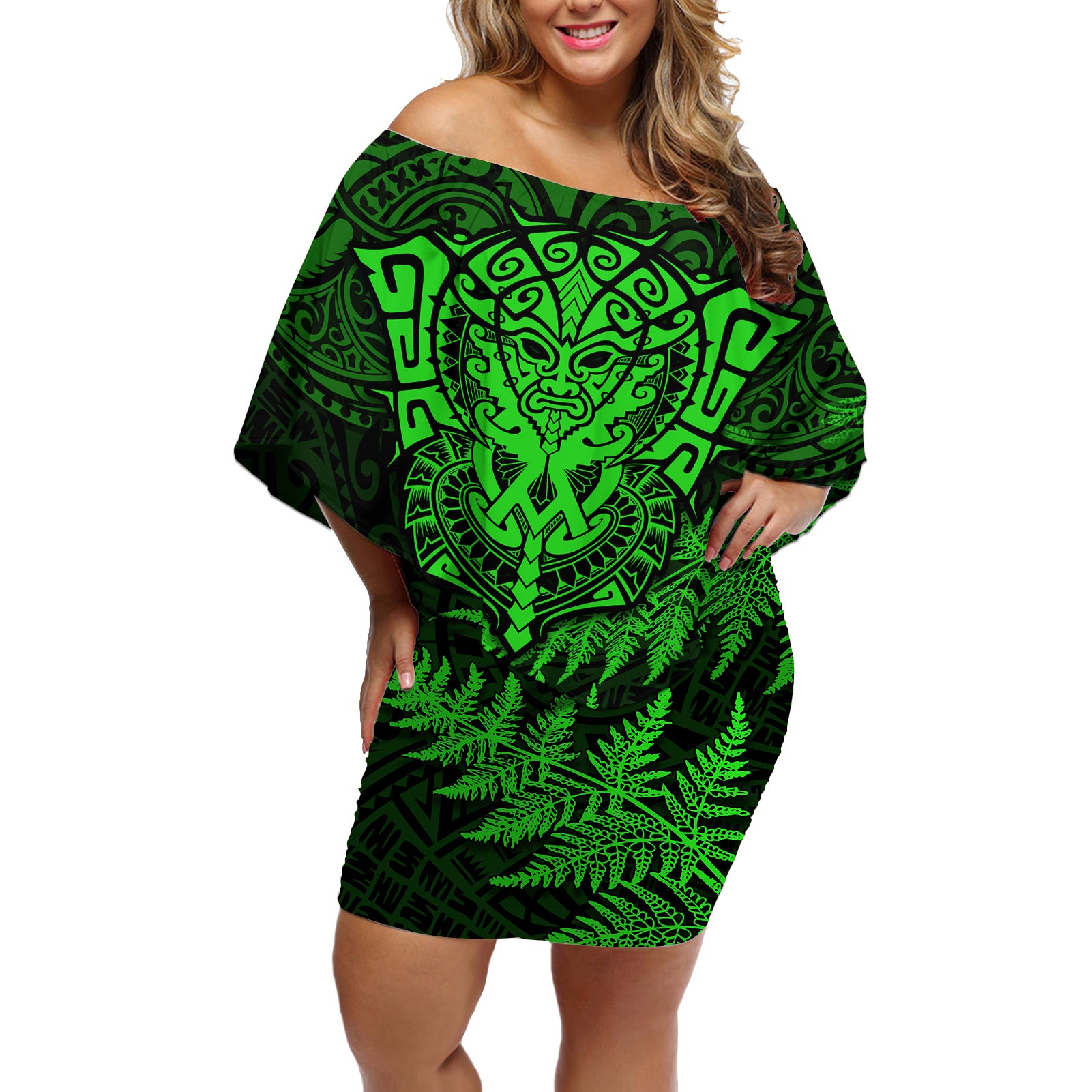 New Zealand Rugby Off Shoulder Short Dress Silver Fern All Black Mix Ta Moko Green Style - Wonder Print Shop