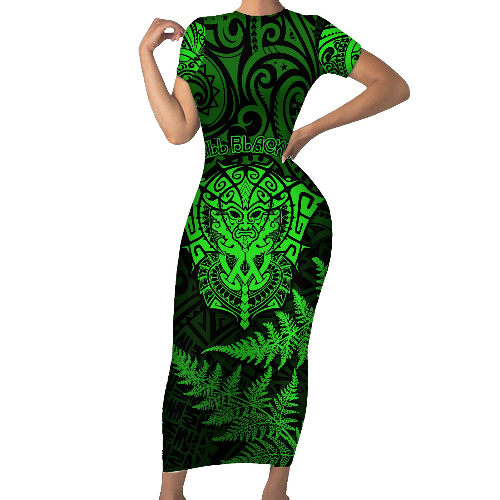 New Zealand Rugby Short Sleeve Bodycon Dress Silver Fern All Black Mix Ta Moko Green Style - Wonder Print Shop