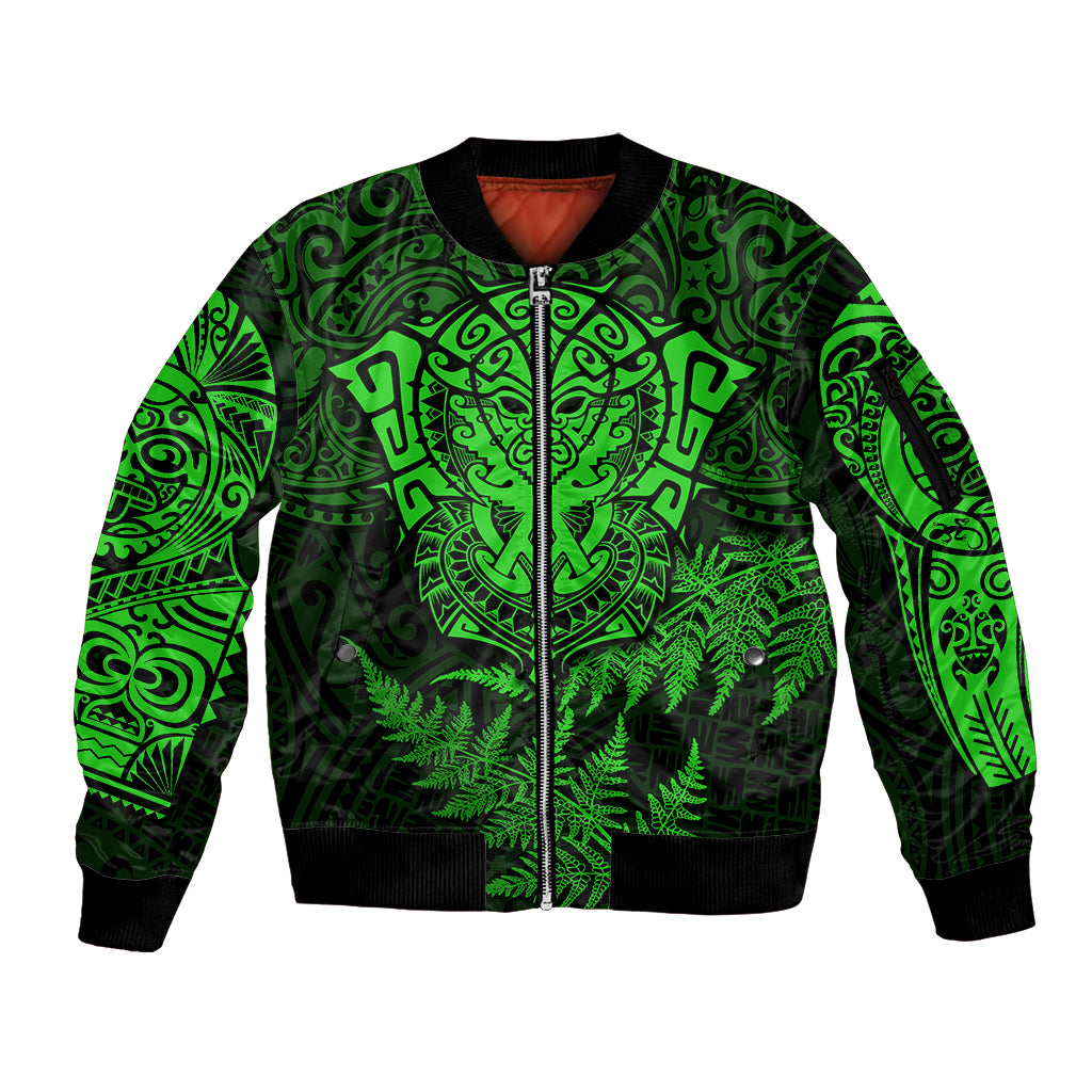 New Zealand Rugby Sleeve Zip Bomber Jacket Silver Fern All Black Mix Ta Moko Green Style - Wonder Print Shop