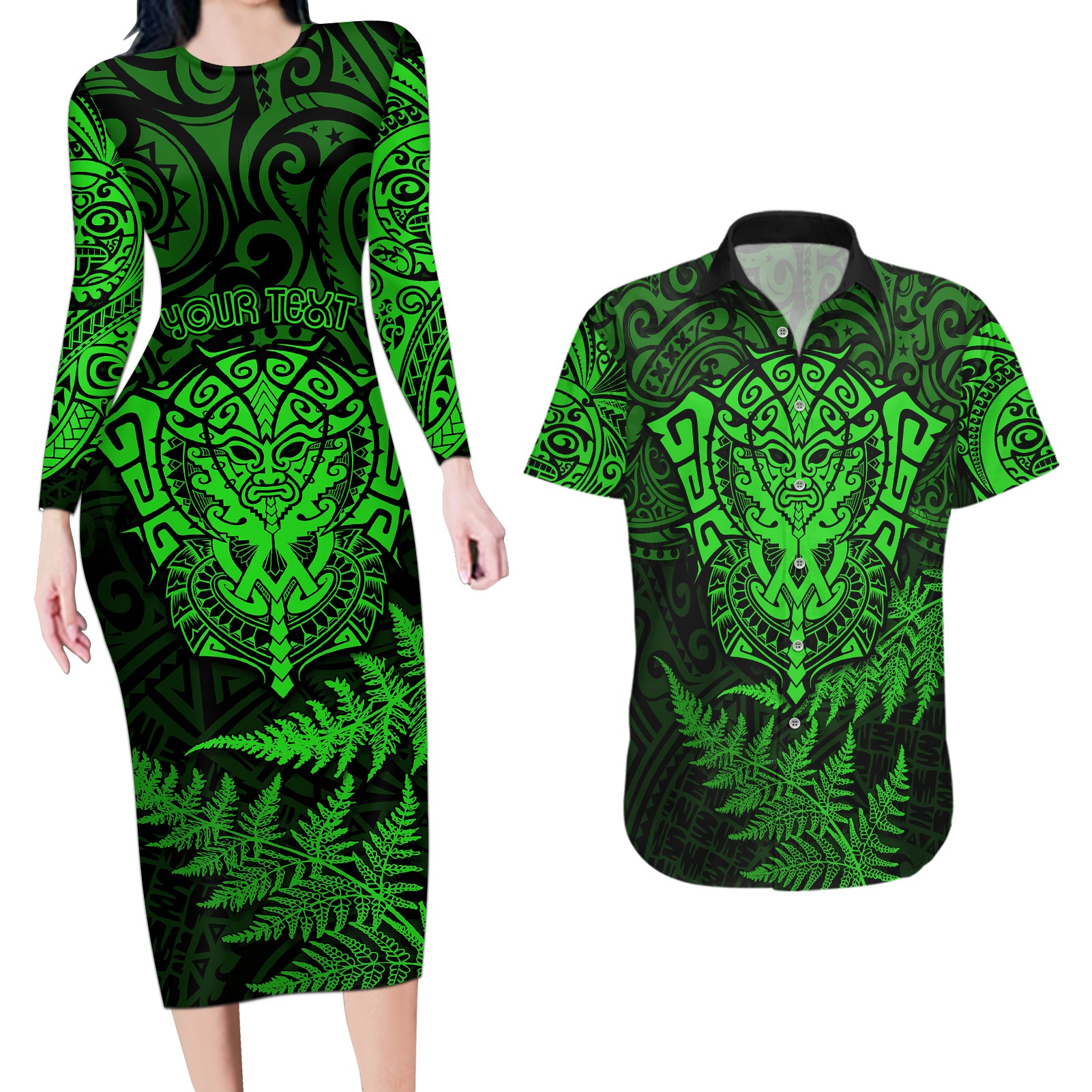 New Zealand Rugby Couples Matching Long Sleeve Bodycon Dress and Hawaiian Shirt Silver Fern All Black Mix Ta Moko Green Style LT9 - Wonder Print Shop