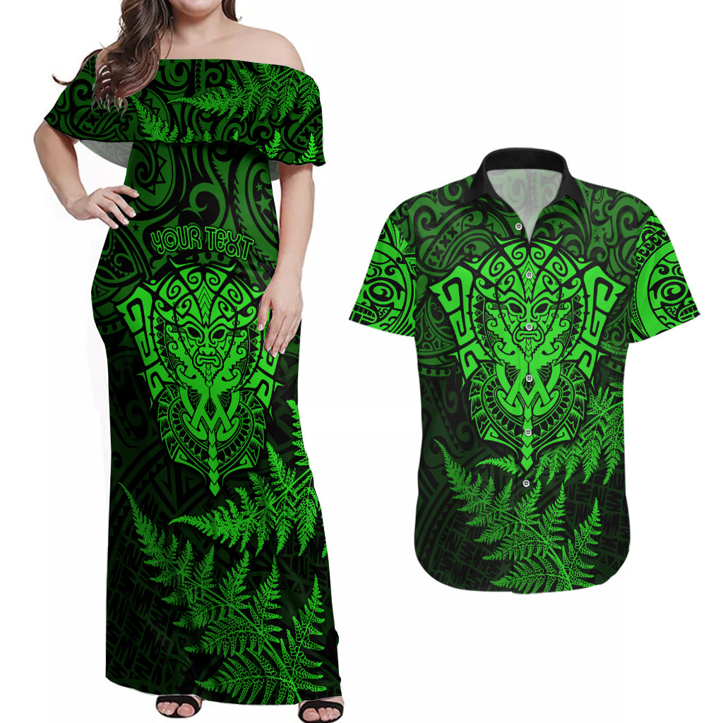 New Zealand Rugby Couples Matching Off Shoulder Maxi Dress and Hawaiian Shirt Silver Fern All Black Mix Ta Moko Green Style LT9 - Wonder Print Shop