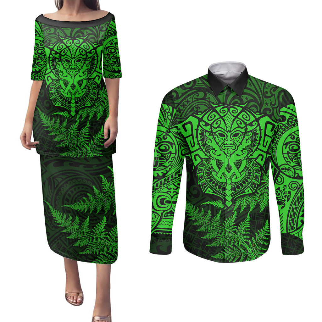 New Zealand Rugby Couples Matching Puletasi Dress and Long Sleeve Button Shirts Silver Fern All Black Mix Ta Moko Green Style LT9 - Wonder Print Shop