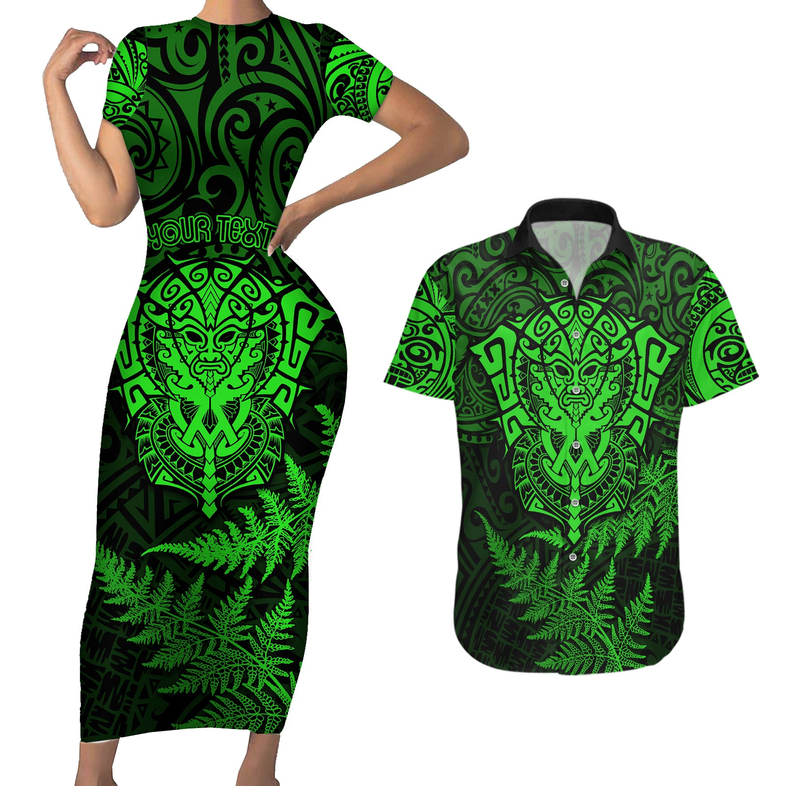 New Zealand Rugby Couples Matching Short Sleeve Bodycon Dress and Hawaiian Shirt Silver Fern All Black Mix Ta Moko Green Style LT9 - Wonder Print Shop