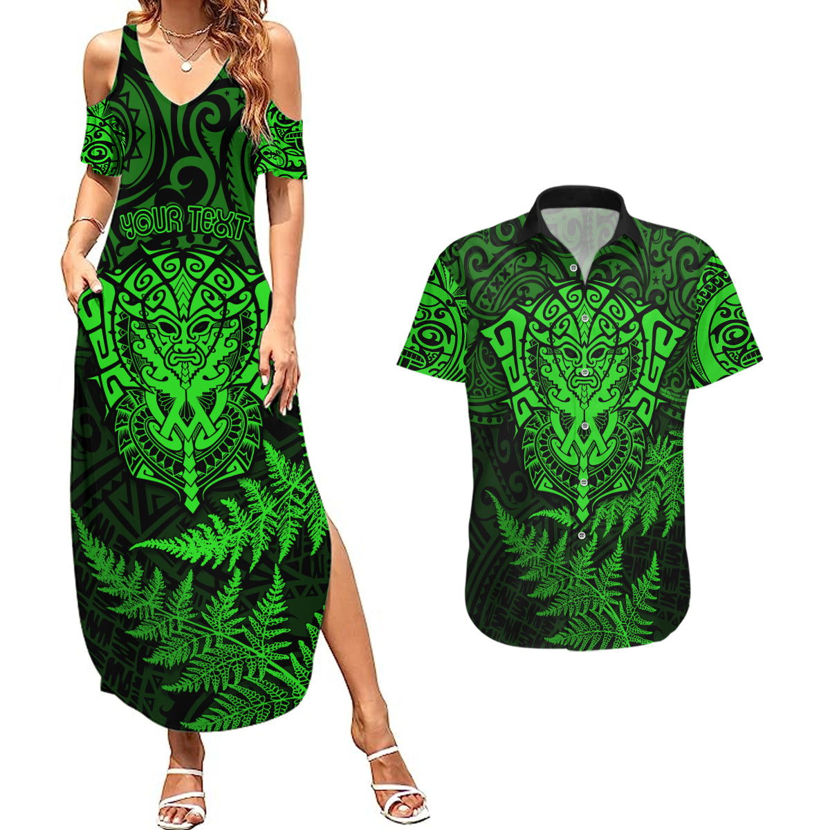 New Zealand Rugby Couples Matching Summer Maxi Dress and Hawaiian Shirt Silver Fern All Black Mix Ta Moko Green Style LT9 - Wonder Print Shop