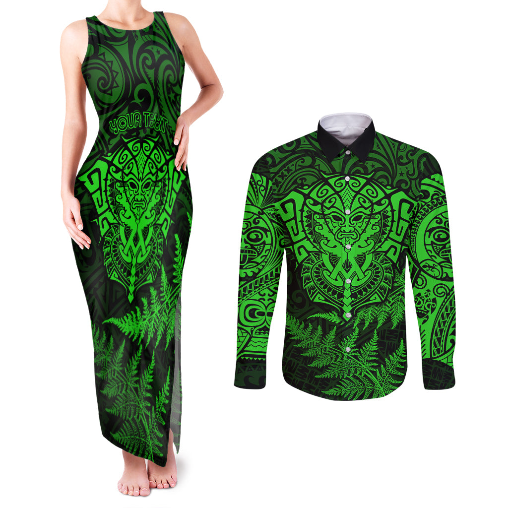 New Zealand Rugby Couples Matching Tank Maxi Dress and Long Sleeve Button Shirts Silver Fern All Black Mix Ta Moko Green Style LT9 - Wonder Print Shop