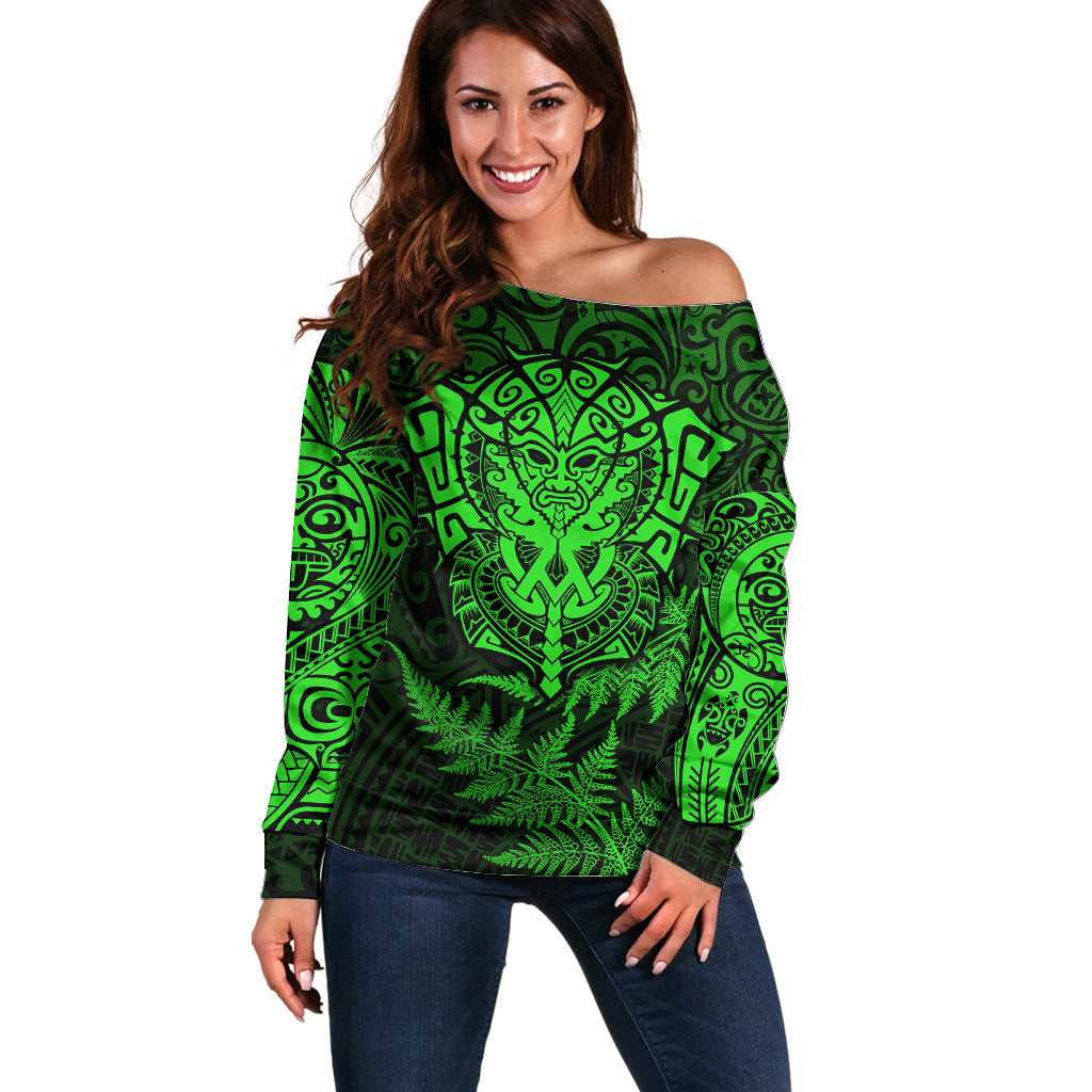 New Zealand Rugby Off Shoulder Sweater Silver Fern All Black Mix Ta Moko Green Style - Wonder Print Shop