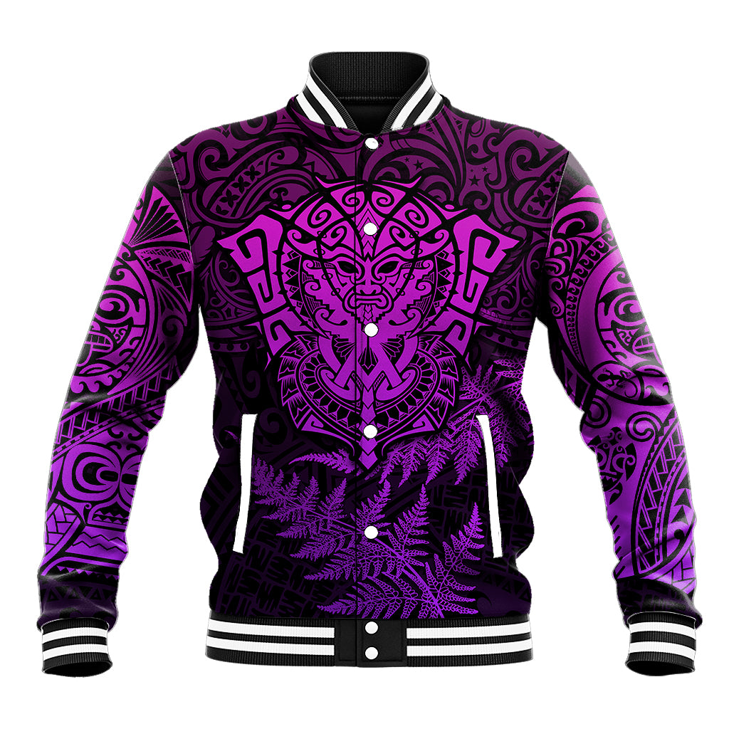 Purple and black patterned baseball jacket with snap buttons and striped ribbed trim