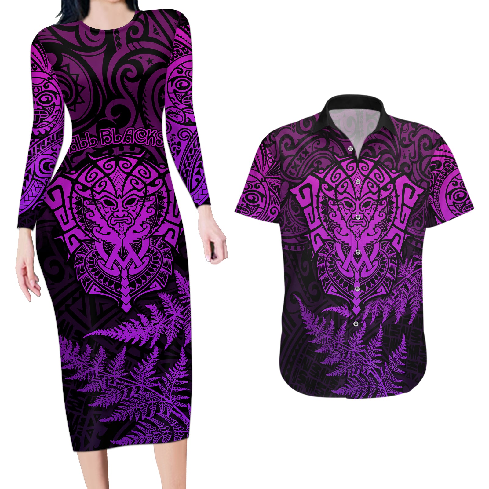 New Zealand Rugby Couples Matching Long Sleeve Bodycon Dress and Hawaiian Shirt Silver Fern All Black Mix Ta Moko Purple Style LT9 - Wonder Print Shop