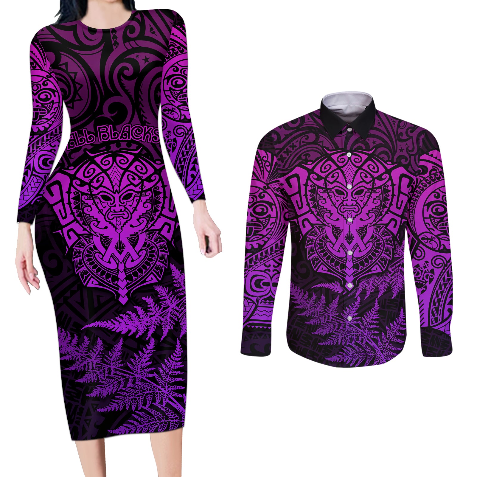 New Zealand Rugby Couples Matching Long Sleeve Bodycon Dress and Long Sleeve Button Shirts Silver Fern All Black Mix Ta Moko Purple Style LT9 - Wonder Print Shop