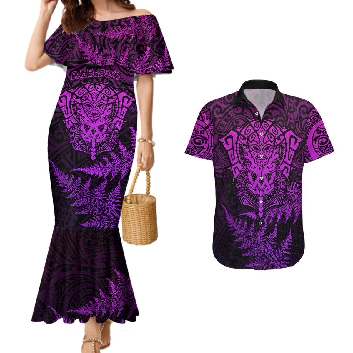 New Zealand Rugby Couples Matching Mermaid Dress and Hawaiian Shirt Silver Fern All Black Mix Ta Moko Purple Style LT9 - Wonder Print Shop