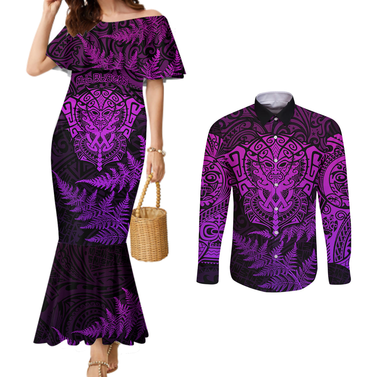 new-zealand-rugby-couples-matching-mermaid-dress-and-long-sleeve-button-shirts-silver-fern-all-black-mix-ta-moko-purple-style