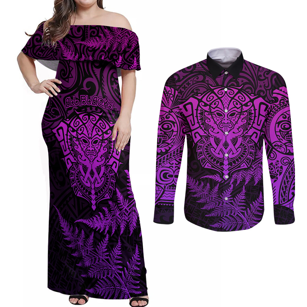 New Zealand Rugby Couples Matching Off Shoulder Maxi Dress and Long Sleeve Button Shirts Silver Fern All Black Mix Ta Moko Purple Style LT9 - Wonder Print Shop