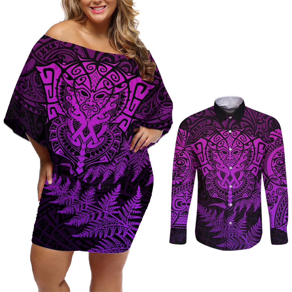 New Zealand Rugby Couples Matching Off Shoulder Short Dress and Long Sleeve Button Shirts Silver Fern All Black Mix Ta Moko Purple Style LT9 - Wonder Print Shop