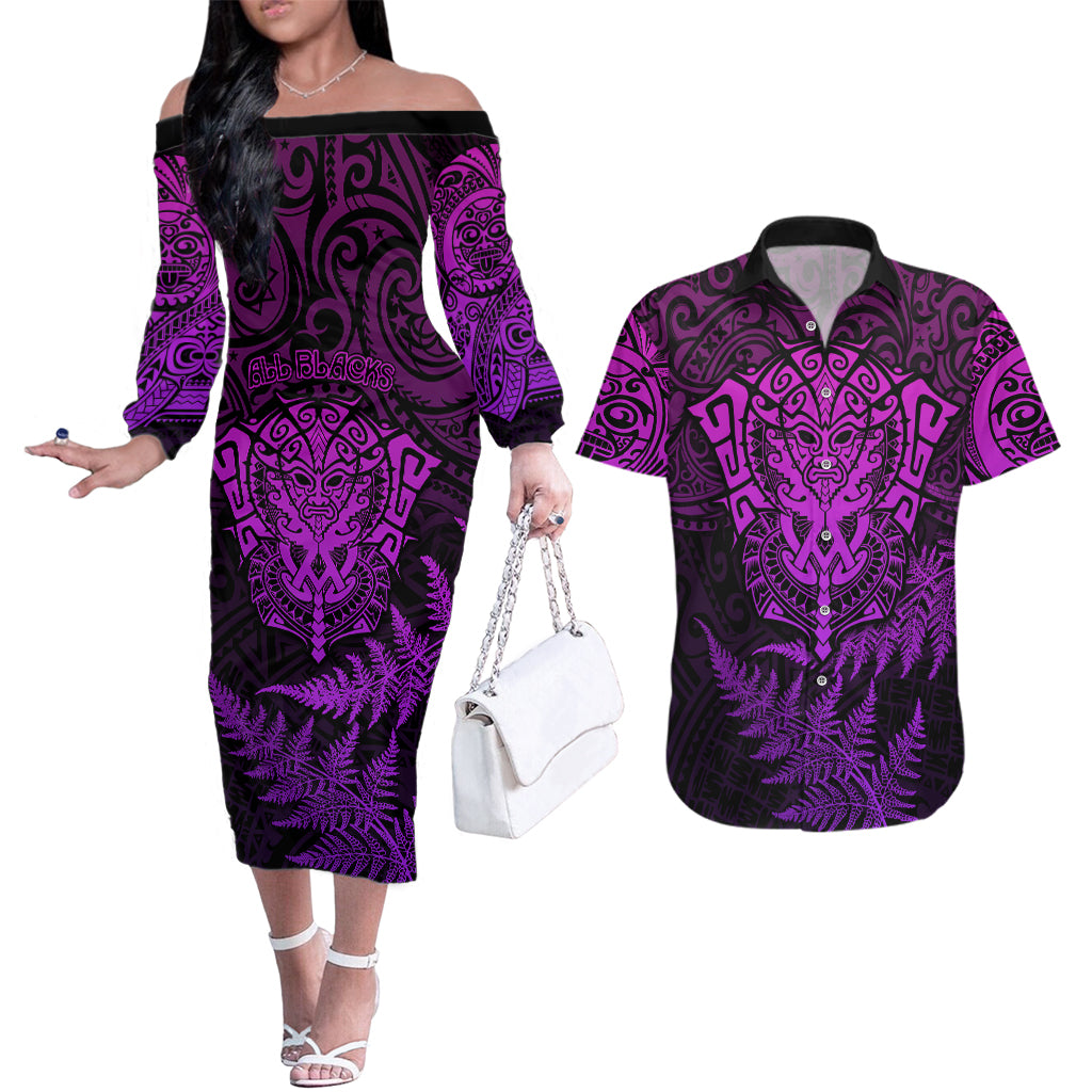 New Zealand Rugby Couples Matching Off The Shoulder Long Sleeve Dress and Hawaiian Shirt Silver Fern All Black Mix Ta Moko Purple Style LT9 - Wonder Print Shop