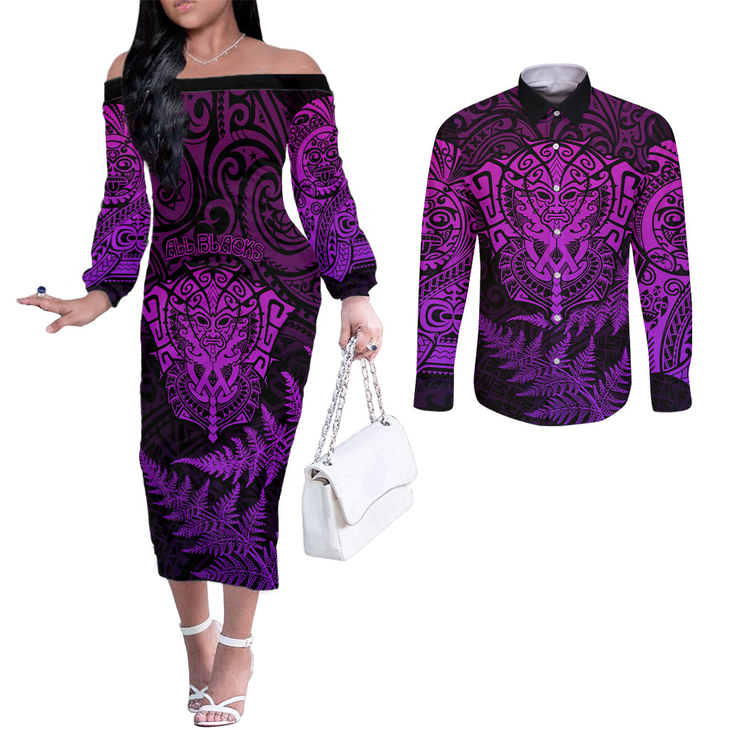 new-zealand-rugby-couples-matching-off-the-shoulder-long-sleeve-dress-and-long-sleeve-button-shirts-silver-fern-all-black-mix-ta-moko-purple-style