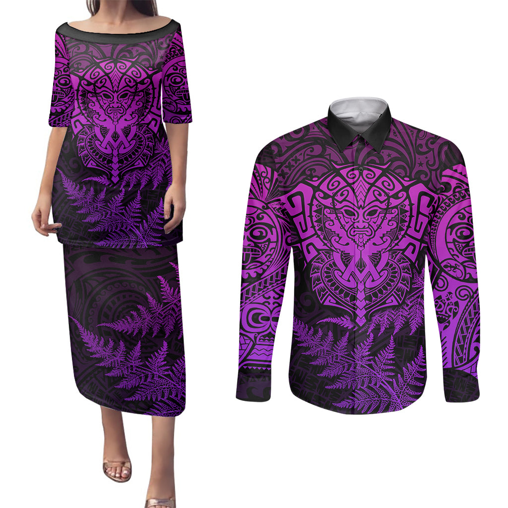 New Zealand Rugby Couples Matching Puletasi Dress and Long Sleeve Button Shirts Silver Fern All Black Mix Ta Moko Purple Style LT9 - Wonder Print Shop