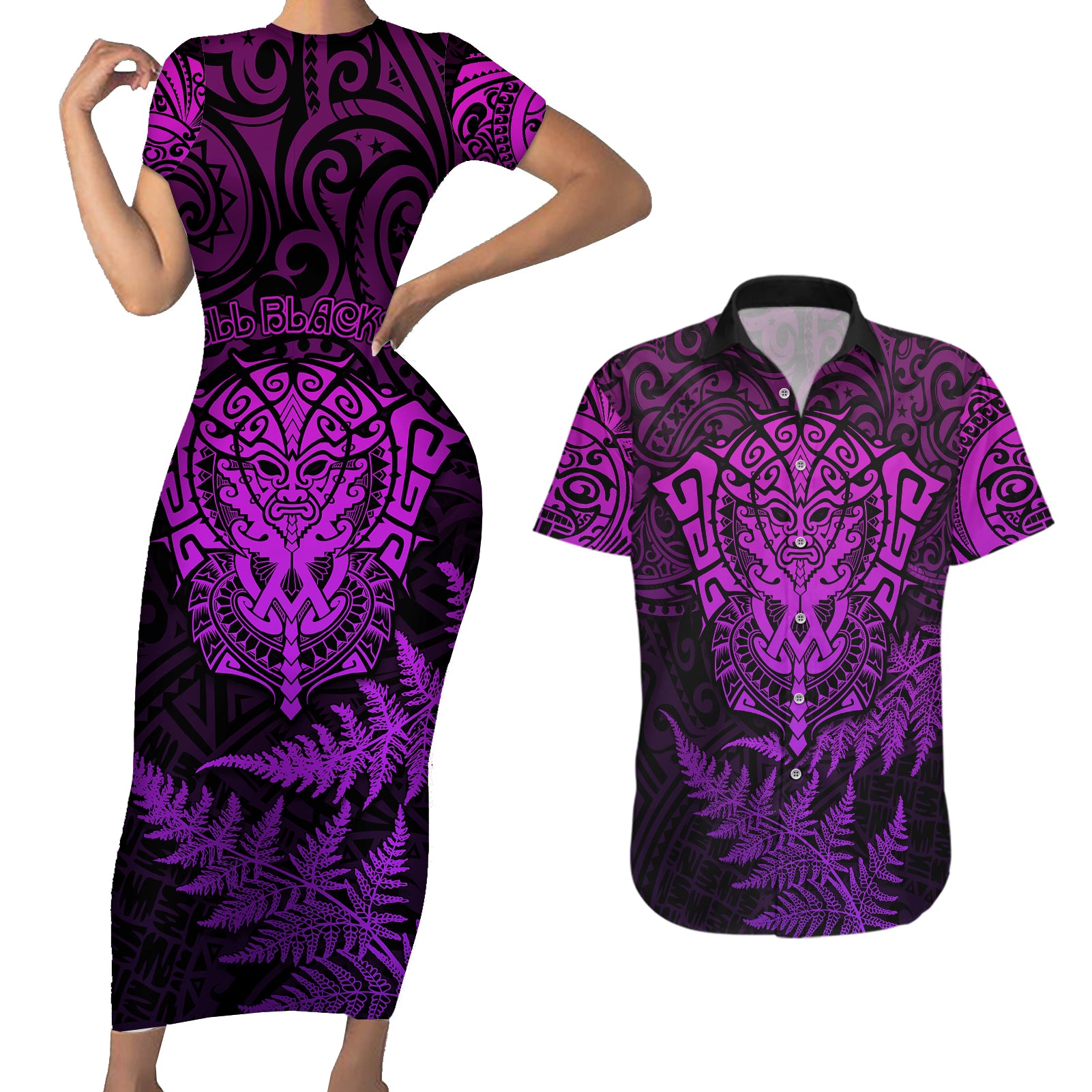 New Zealand Rugby Couples Matching Short Sleeve Bodycon Dress and Hawaiian Shirt Silver Fern All Black Mix Ta Moko Purple Style LT9 - Wonder Print Shop