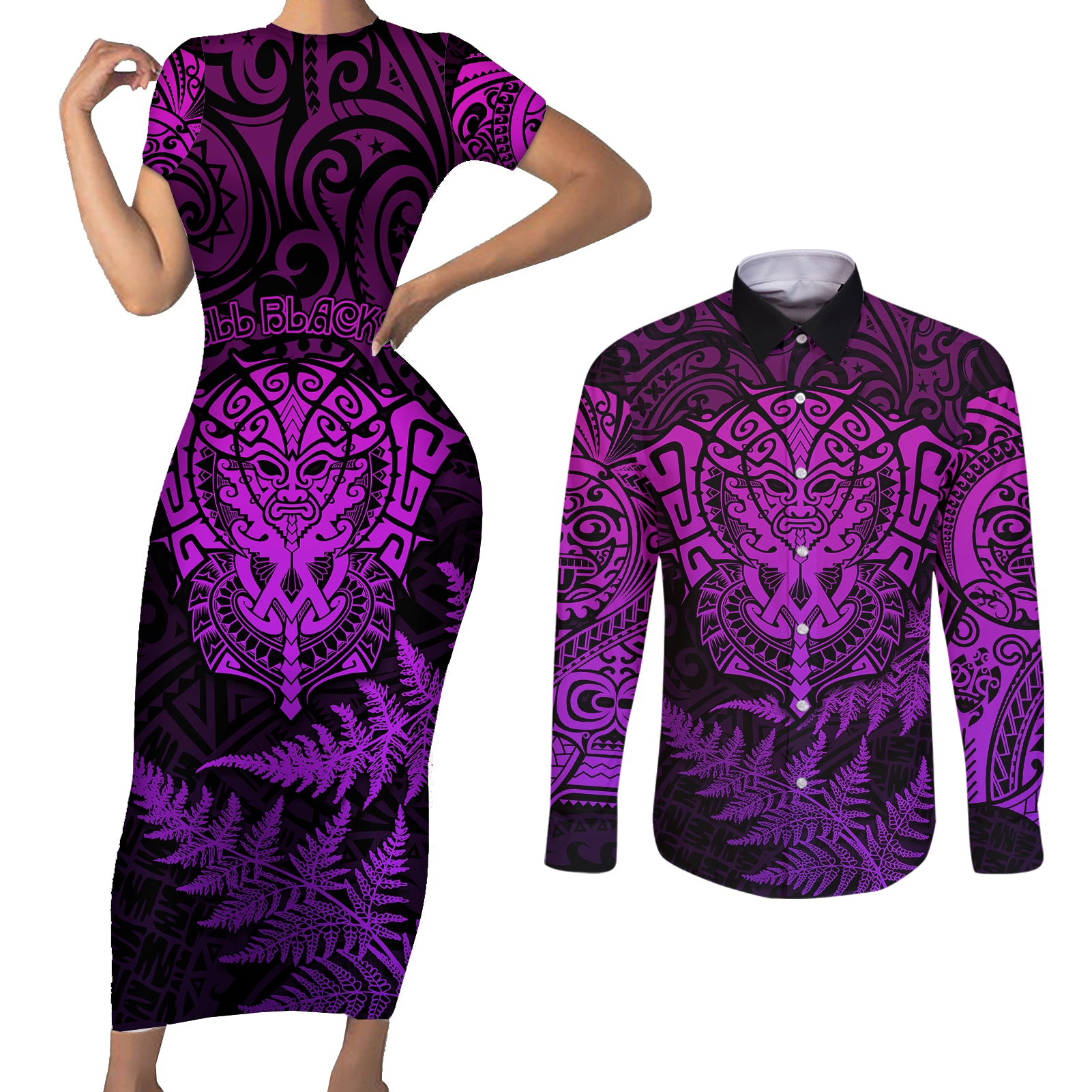 New Zealand Rugby Couples Matching Short Sleeve Bodycon Dress and Long Sleeve Button Shirts Silver Fern All Black Mix Ta Moko Purple Style LT9 - Wonder Print Shop