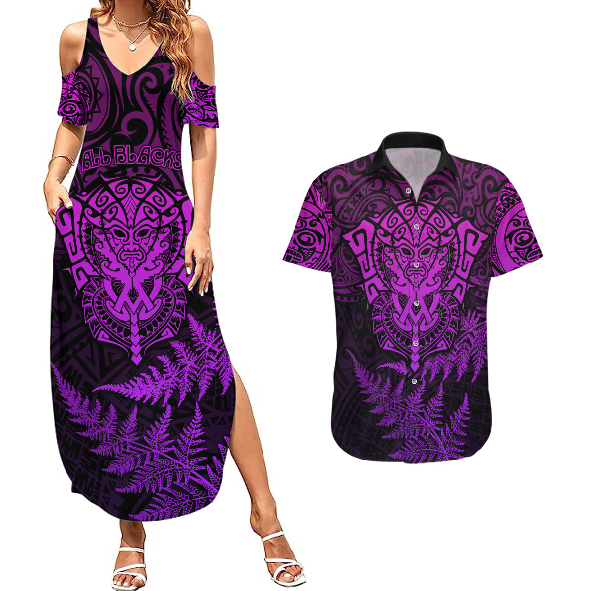 New Zealand Rugby Couples Matching Summer Maxi Dress and Hawaiian Shirt Silver Fern All Black Mix Ta Moko Purple Style LT9 - Wonder Print Shop