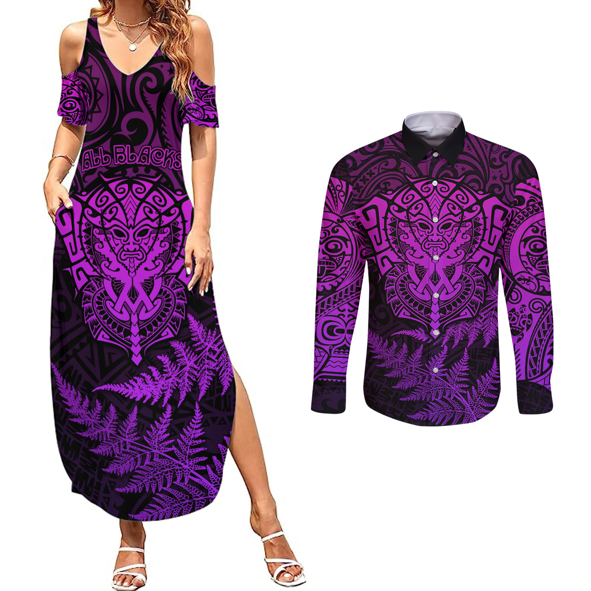 New Zealand Rugby Couples Matching Summer Maxi Dress and Long Sleeve Button Shirts Silver Fern All Black Mix Ta Moko Purple Style LT9 - Wonder Print Shop