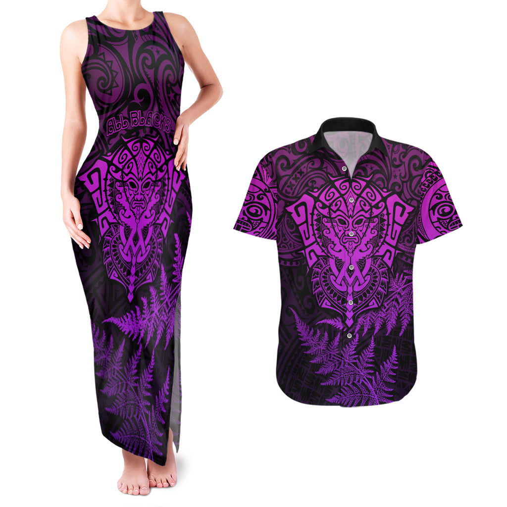 New Zealand Rugby Couples Matching Tank Maxi Dress and Hawaiian Shirt Silver Fern All Black Mix Ta Moko Purple Style LT9 - Wonder Print Shop