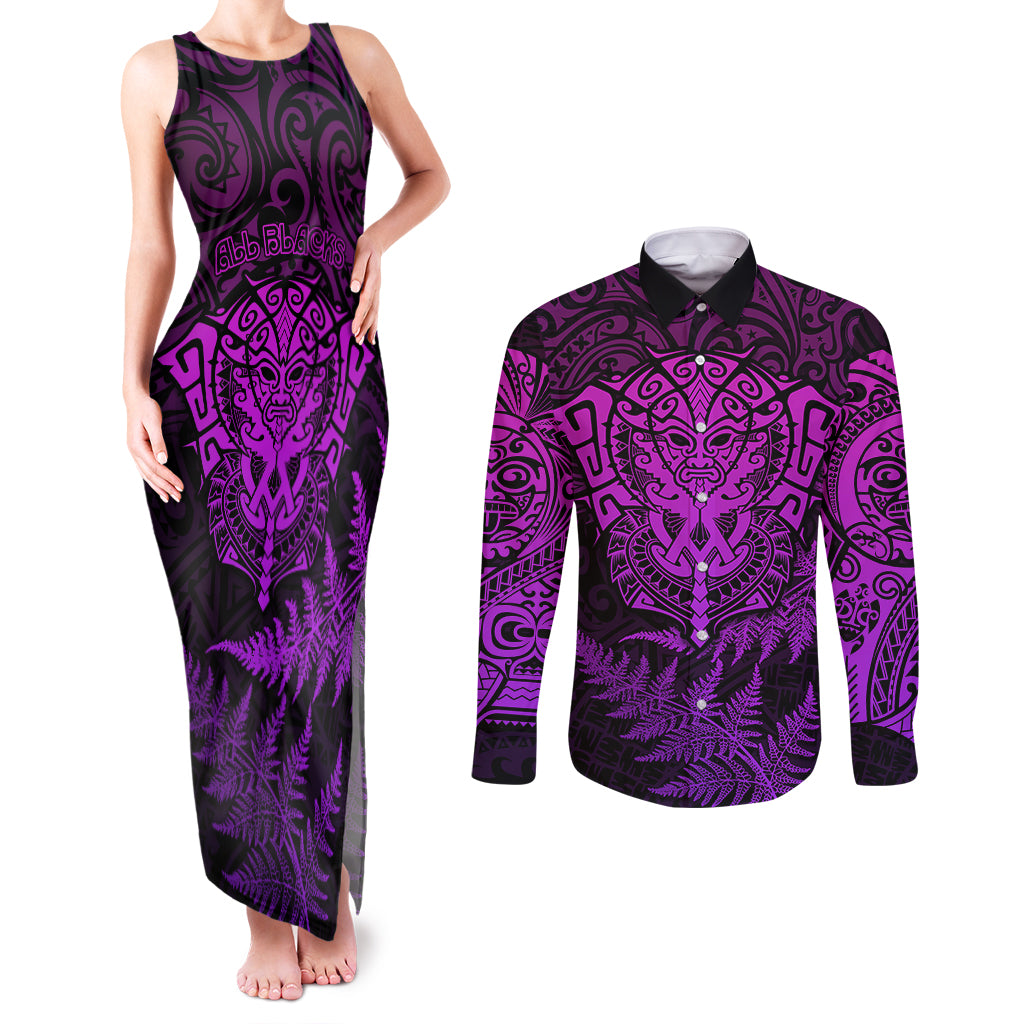 New Zealand Rugby Couples Matching Tank Maxi Dress and Long Sleeve Button Shirts Silver Fern All Black Mix Ta Moko Purple Style LT9 - Wonder Print Shop