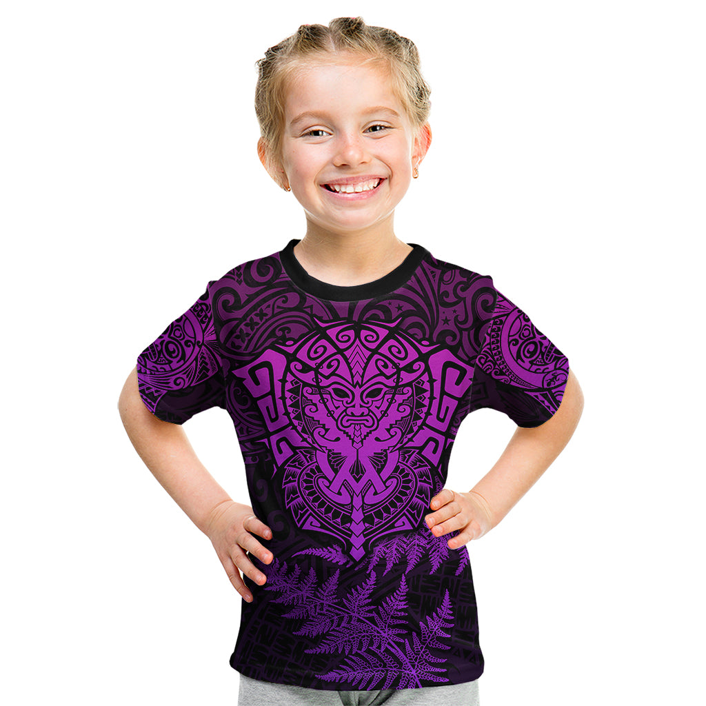 New Zealand Rugby Kid T Shirt Silver Fern All Black Mix Ta Moko Purple Style - Wonder Print Shop