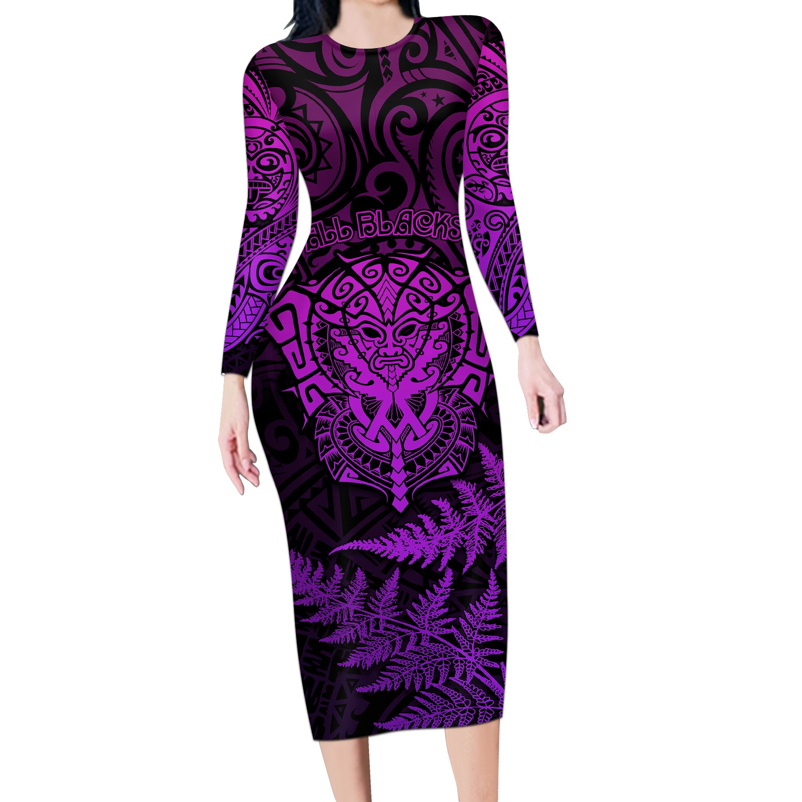 New Zealand Rugby Long Sleeve Bodycon Dress Silver Fern All Black Mix Ta Moko Purple Style - Wonder Print Shop