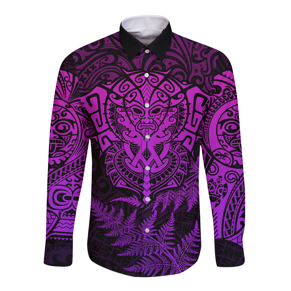 New Zealand Rugby Long Sleeve Button Shirt Silver Fern All Black Mix Ta Moko Purple Style - Wonder Print Shop