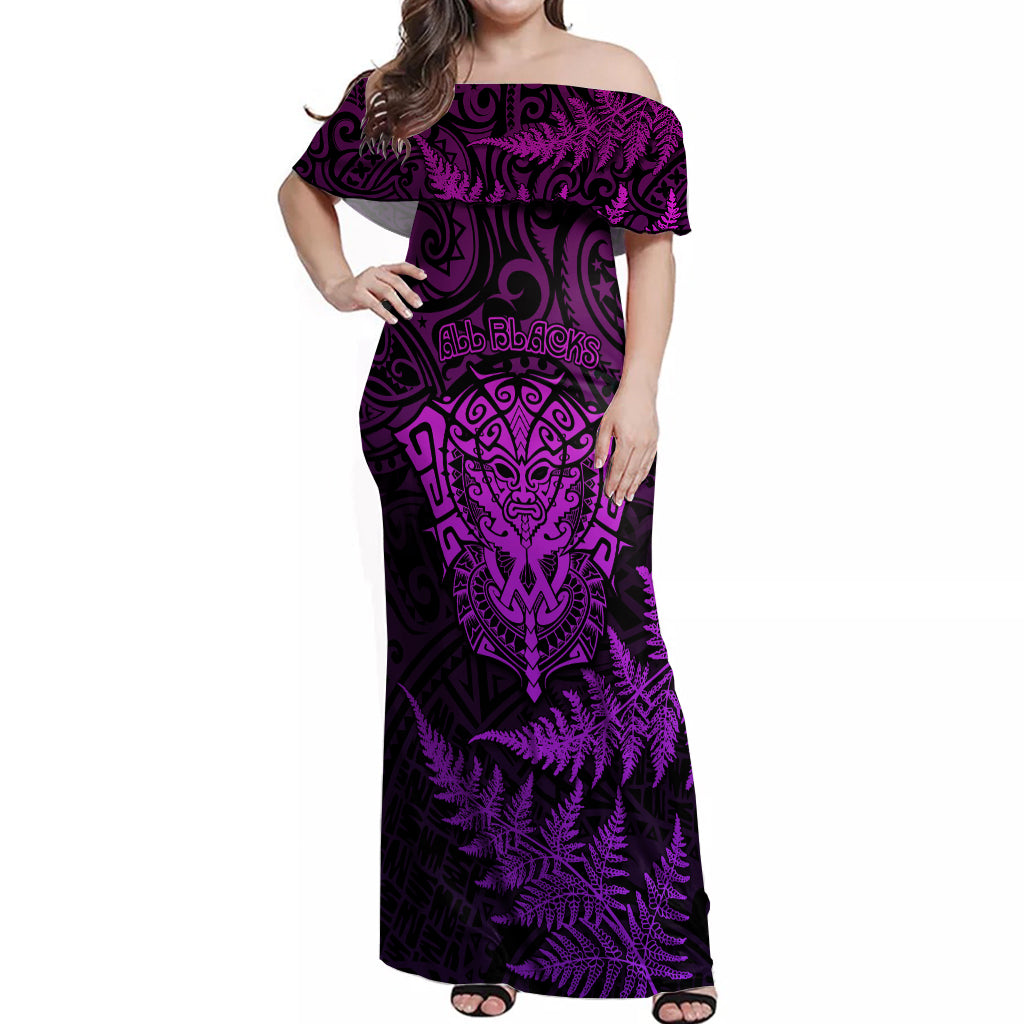 New Zealand Rugby Off Shoulder Maxi Dress Silver Fern All Black Mix Ta Moko Purple Style - Wonder Print Shop