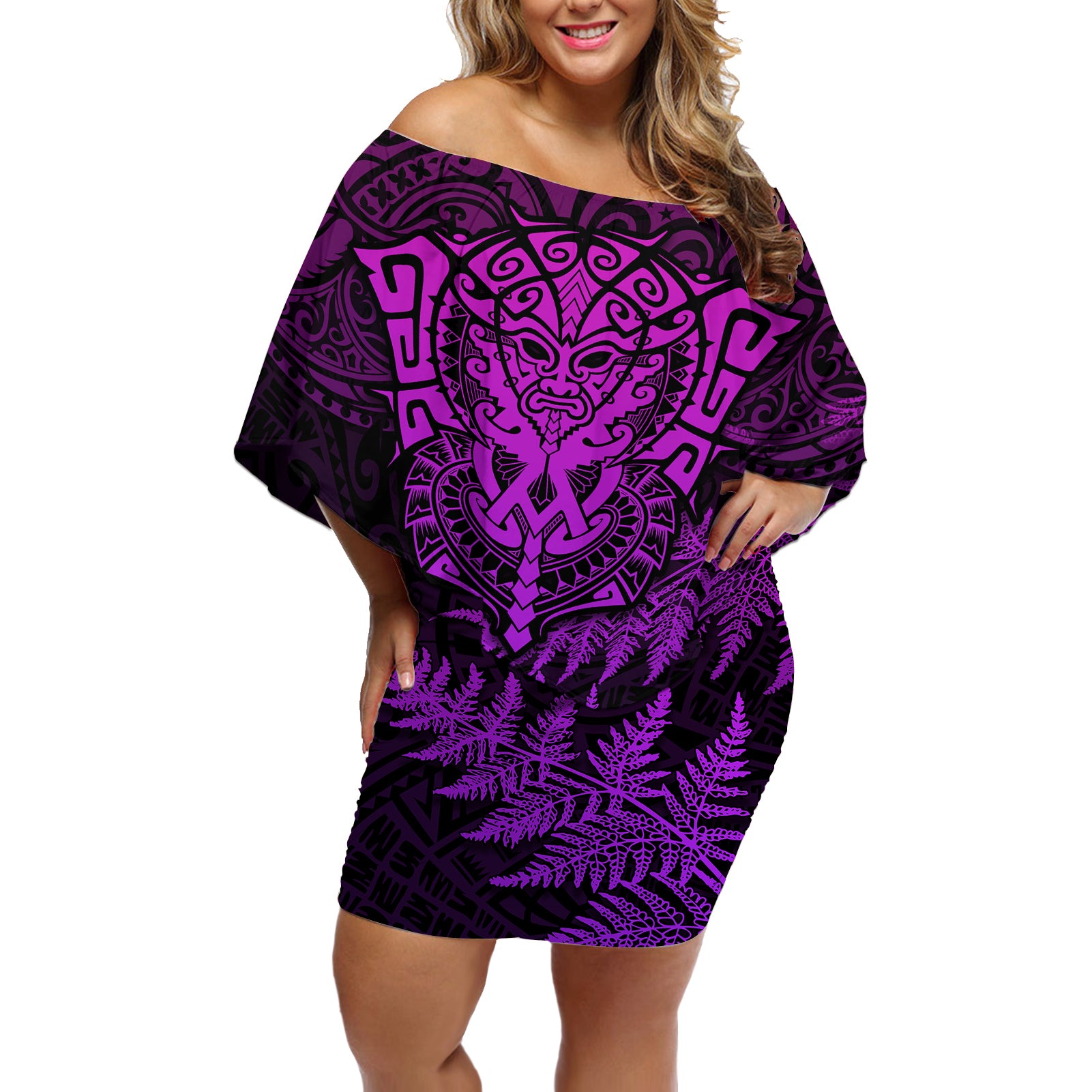 New Zealand Rugby Off Shoulder Short Dress Silver Fern All Black Mix Ta Moko Purple Style - Wonder Print Shop