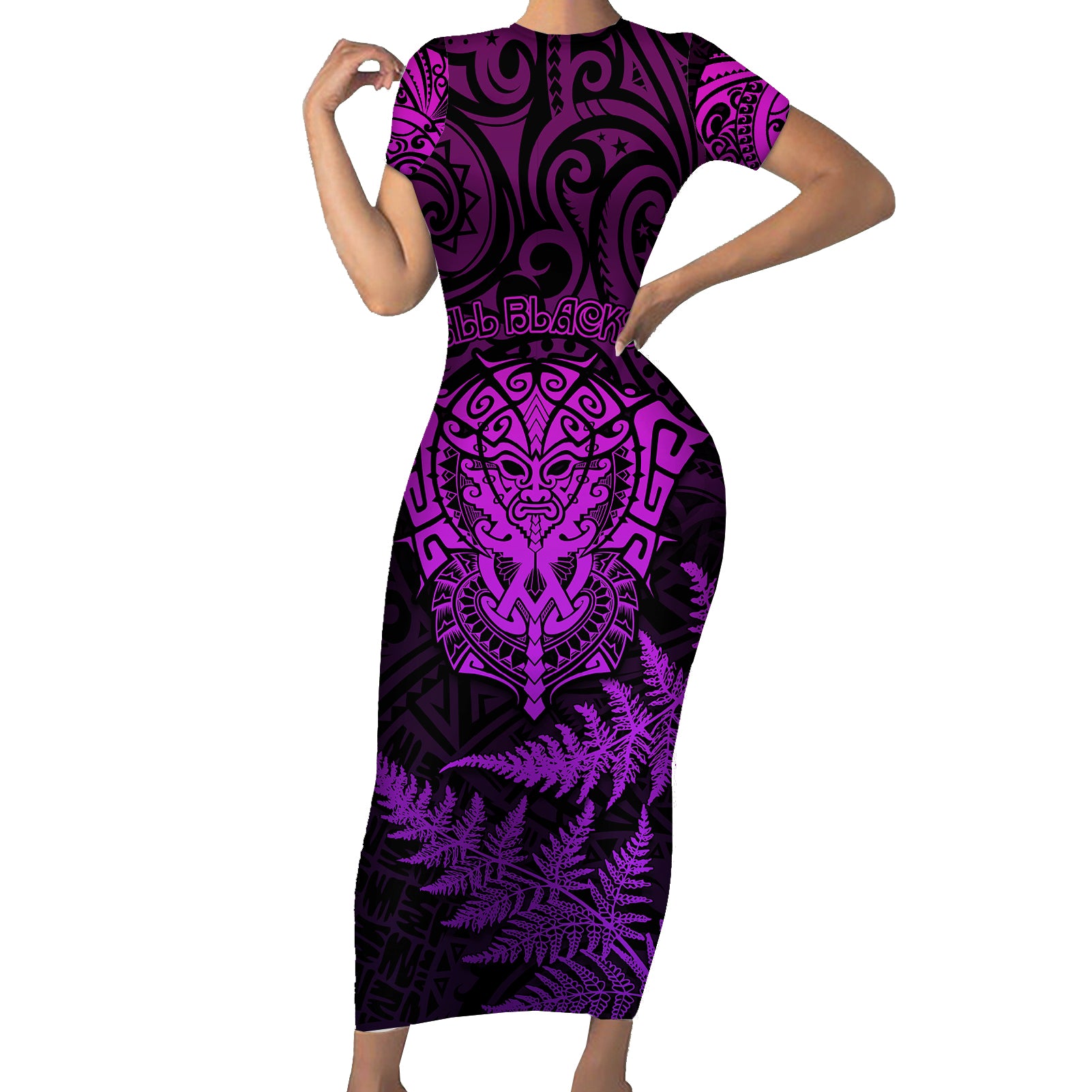 New Zealand Rugby Short Sleeve Bodycon Dress Silver Fern All Black Mix Ta Moko Purple Style - Wonder Print Shop