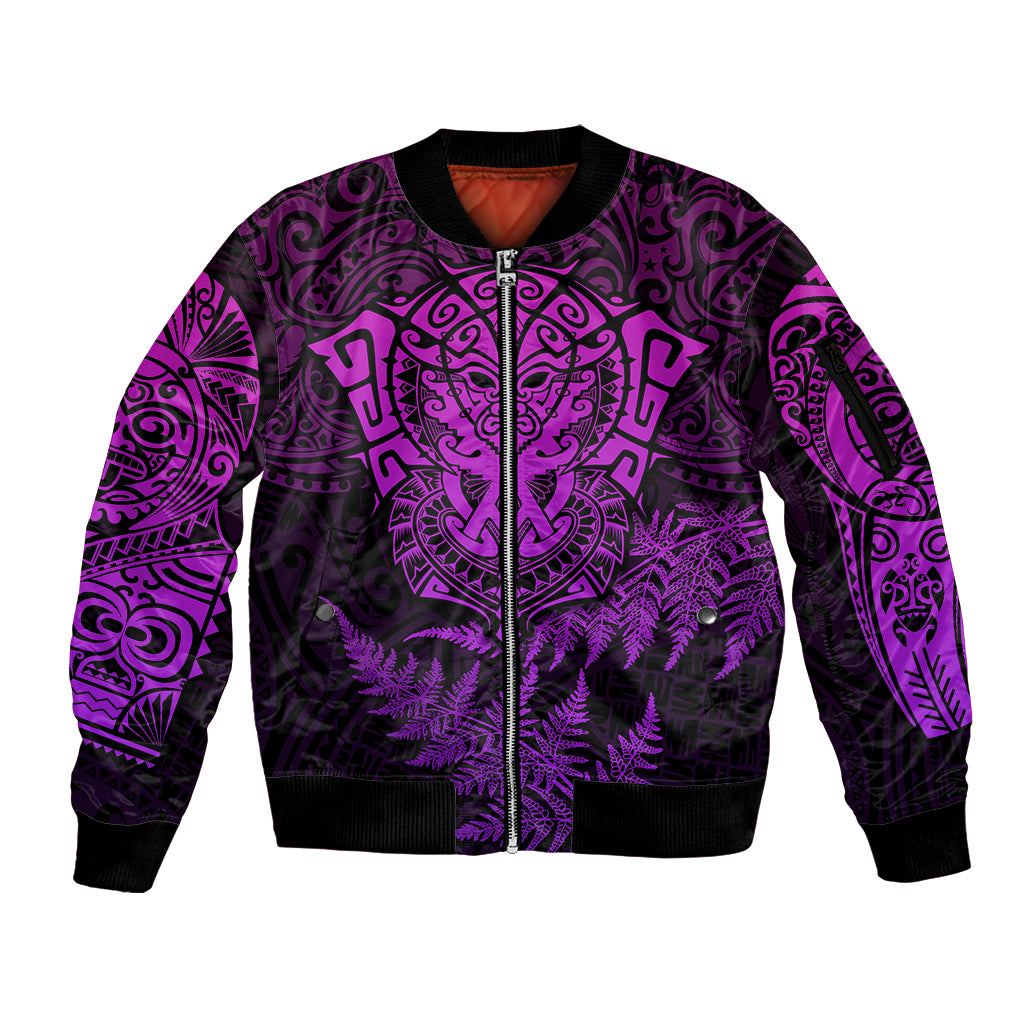 New Zealand Rugby Sleeve Zip Bomber Jacket Silver Fern All Black Mix Ta Moko Purple Style - Wonder Print Shop