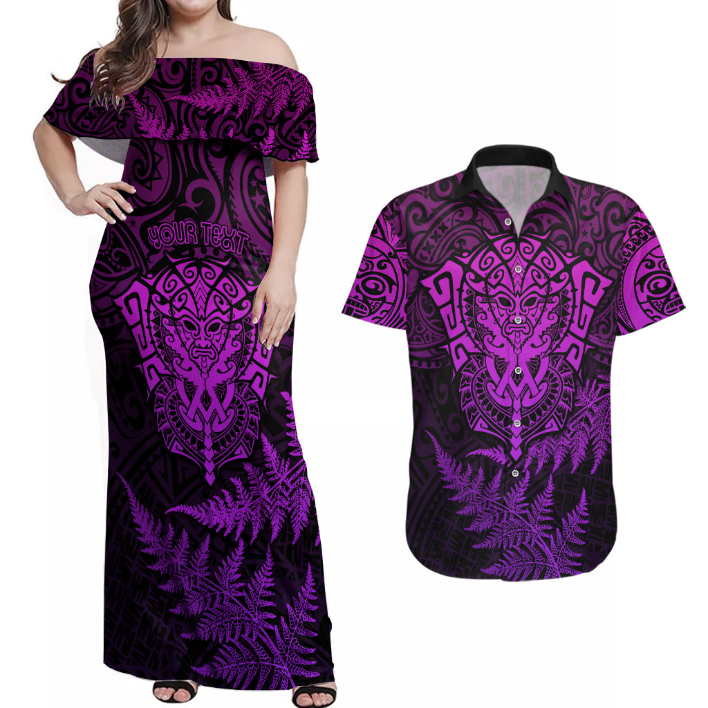 Personalised New Zealand Rugby Couples Matching Off Shoulder Maxi Dress and Hawaiian Shirt Silver Fern All Black Mix Ta Moko Purple Style LT9 - Wonder Print Shop