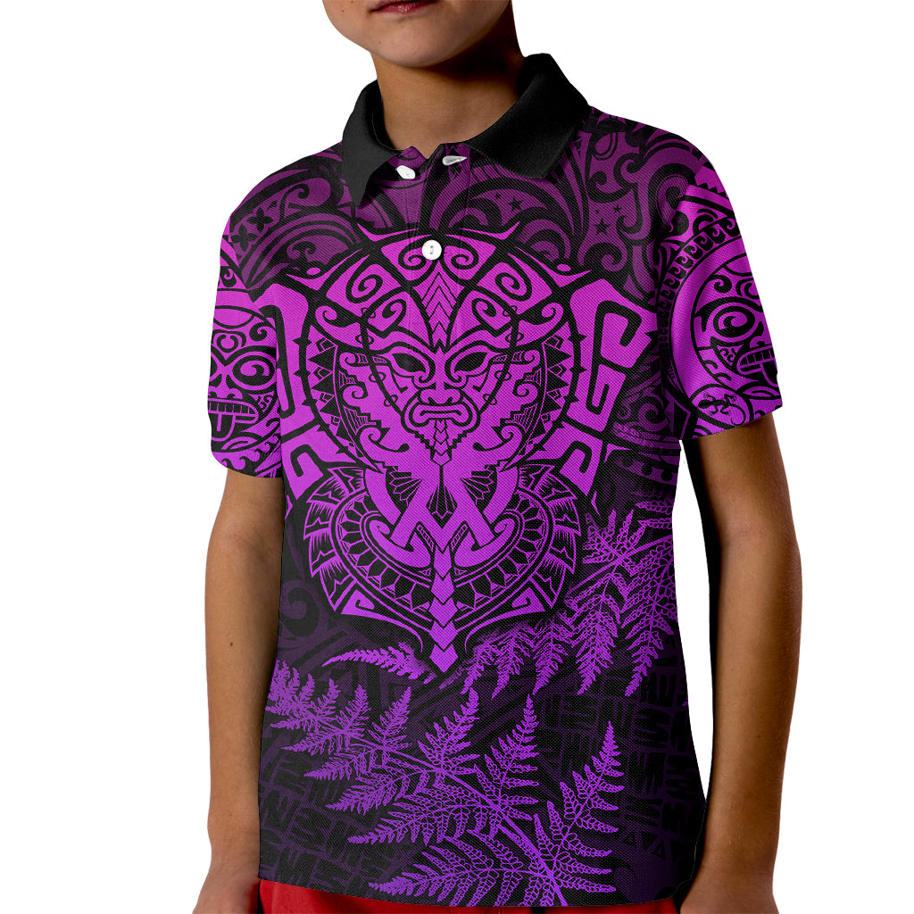 Personalised New Zealand Rugby Kid Polo Shirt Silver Fern All Black Mix Ta Moko Purple Style - Wonder Print Shop