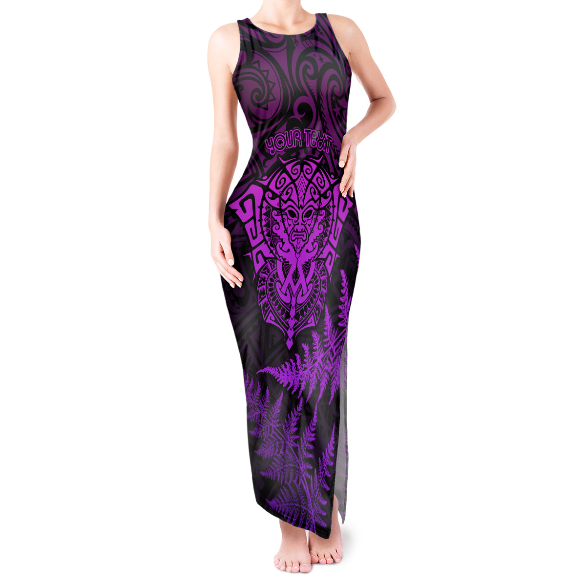 personalised-new-zealand-rugby-tank-maxi-dress-silver-fern-all-black-mix-ta-moko-purple-style