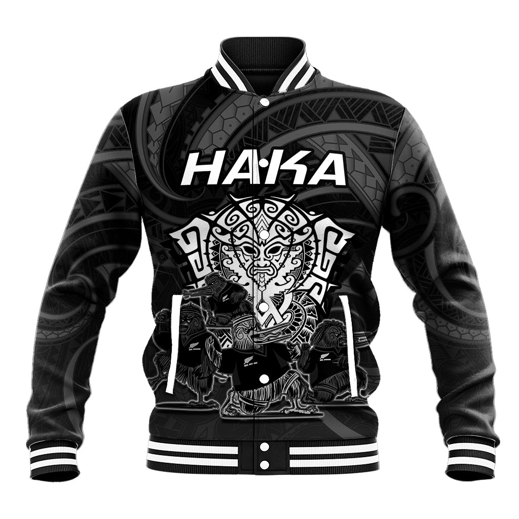 Personalized New Zealand rugby baseball jacket, black with white front haka graphic