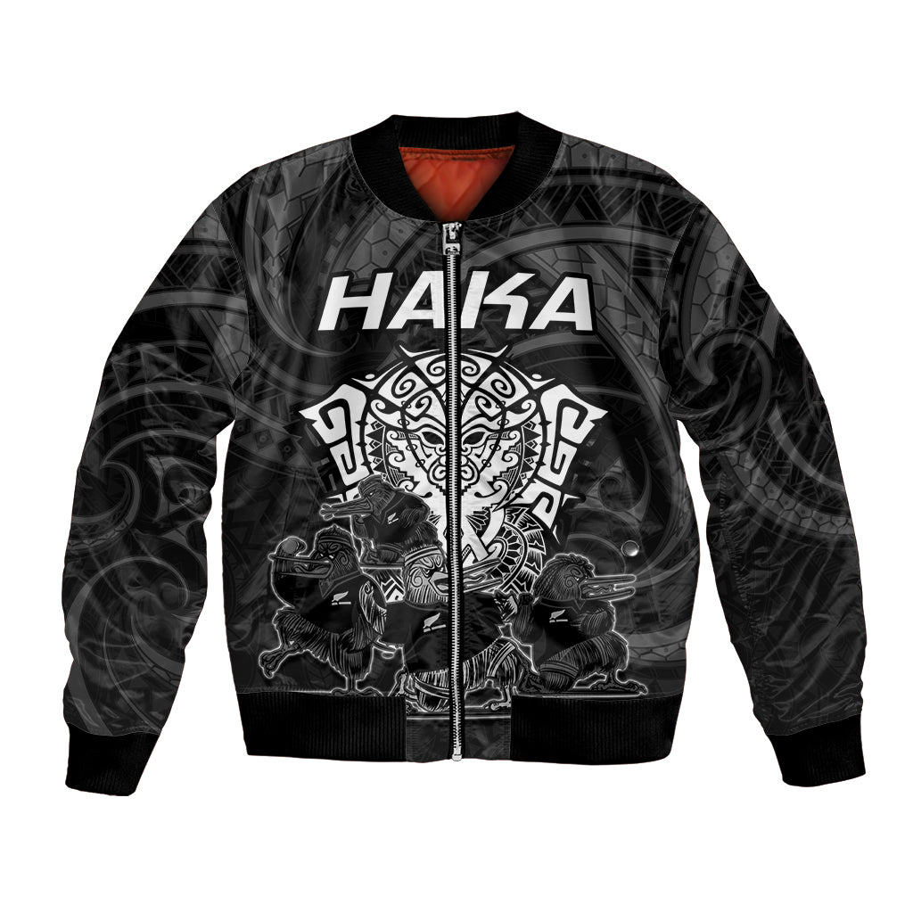 Black bomber jacket with full-zip front and large HAKA graphic