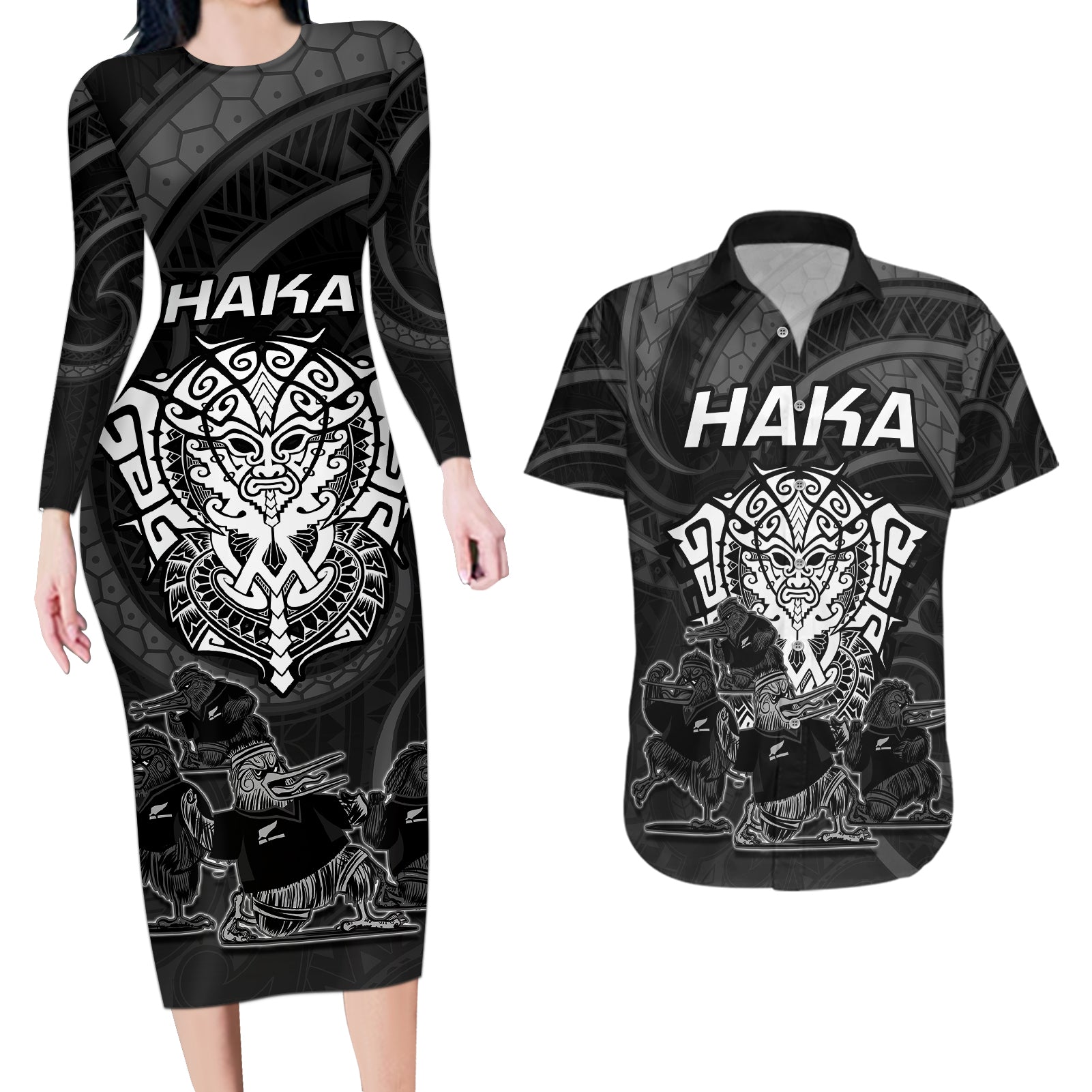 Personalised New Zealand Rugby Couples Matching Long Sleeve Bodycon Dress and Hawaiian Shirt Aotearoa Ka Mate Haka All Black Mix Ta Moko White Style LT9 - Wonder Print Shop