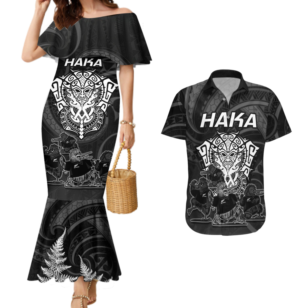 Personalised New Zealand Rugby Couples Matching Mermaid Dress and Hawaiian Shirt Aotearoa Ka Mate Haka All Black Mix Ta Moko White Style LT9 - Wonder Print Shop