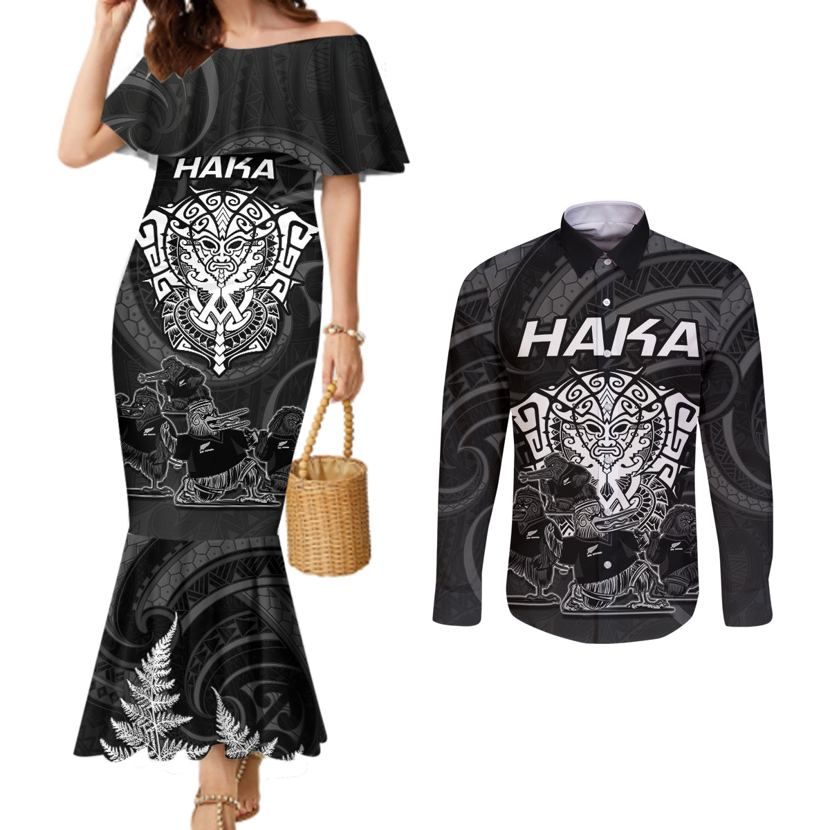 personalised-new-zealand-rugby-couples-matching-mermaid-dress-and-long-sleeve-button-shirts-aotearoa-ka-mate-haka-all-black-mix-ta-moko-white-style