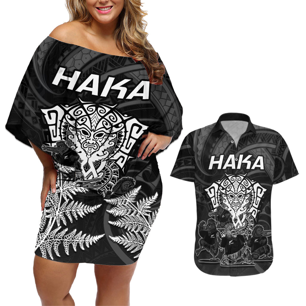 Personalised New Zealand Rugby Couples Matching Off Shoulder Short Dress and Hawaiian Shirt Aotearoa Ka Mate Haka All Black Mix Ta Moko White Style LT9 - Wonder Print Shop