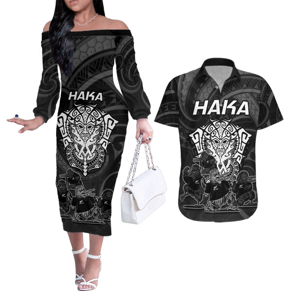 Personalised New Zealand Rugby Couples Matching Off The Shoulder Long Sleeve Dress and Hawaiian Shirt Aotearoa Ka Mate Haka All Black Mix Ta Moko White Style LT9 - Wonder Print Shop