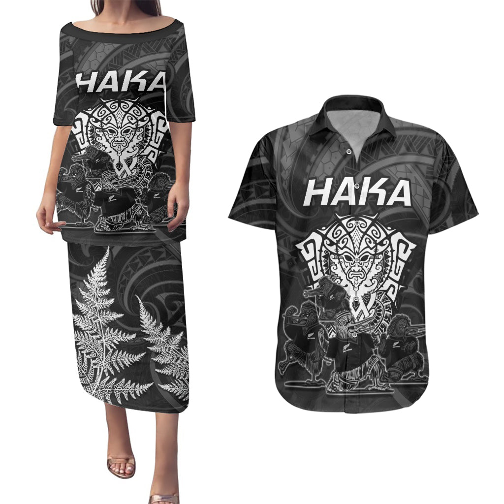 Personalised New Zealand Rugby Couples Matching Puletasi Dress and Hawaiian Shirt Aotearoa Ka Mate Haka All Black Mix Ta Moko White Style LT9 - Wonder Print Shop