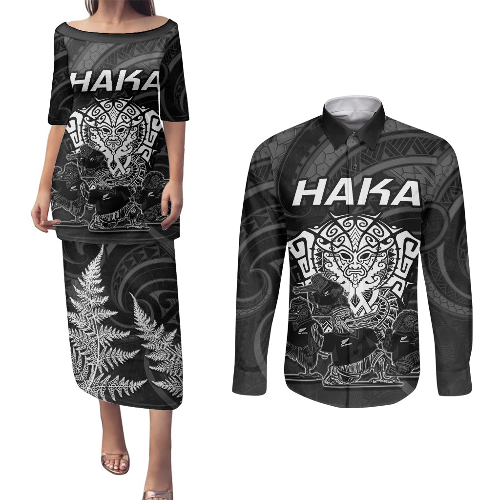 Personalised New Zealand Rugby Couples Matching Puletasi Dress and Long Sleeve Button Shirts Aotearoa Ka Mate Haka All Black Mix Ta Moko White Style LT9 - Wonder Print Shop