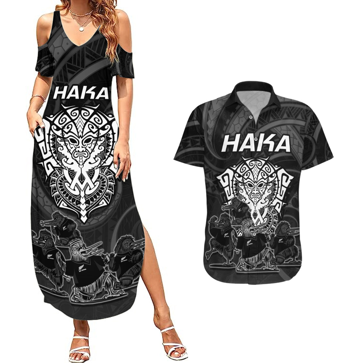 Personalised New Zealand Rugby Couples Matching Summer Maxi Dress and Hawaiian Shirt Aotearoa Ka Mate Haka All Black Mix Ta Moko White Style LT9 - Wonder Print Shop