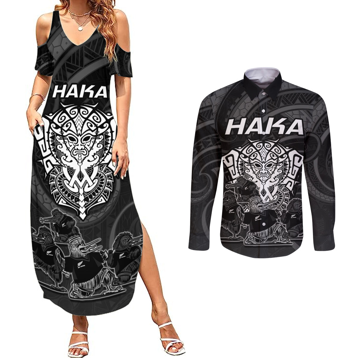 Personalised New Zealand Rugby Couples Matching Summer Maxi Dress and Long Sleeve Button Shirts Aotearoa Ka Mate Haka All Black Mix Ta Moko White Style LT9 - Wonder Print Shop